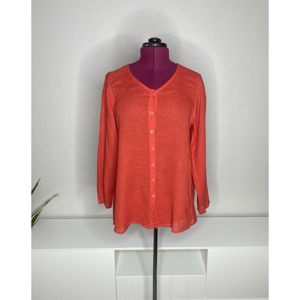 Flax Top Women's Small Button‎ Up Long Sleeve Linen Blend Orange